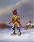 Cornelius Krieghoff Indian Trapper with Red Feathered Cap in Winter oil on canvas